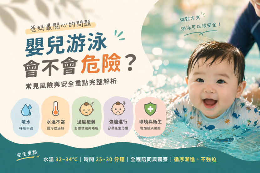 嬰兒游泳安全與風險說明，寶寶在泳池中由家長陪同進行水中活動