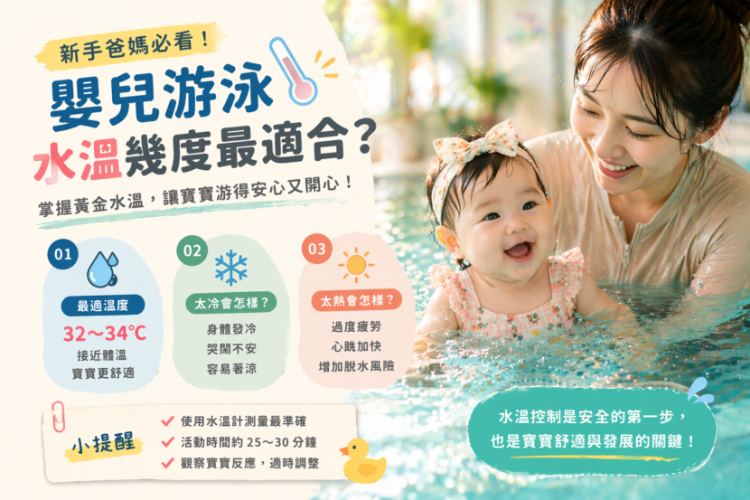 嬰兒游泳水溫幾度最適合，32～34度安全溫度說明，寶寶在泳池中由家長陪同游泳